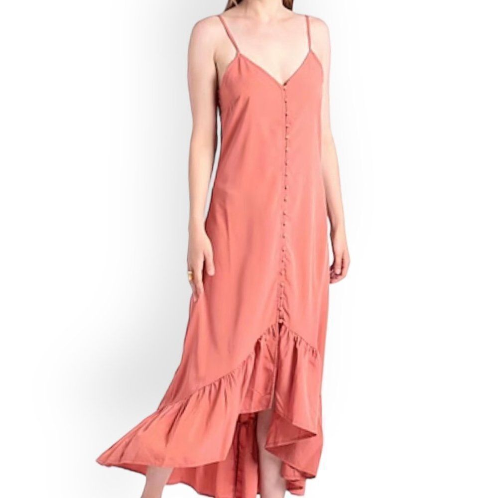 Rose Strappy High Low Maxi Dress L Ruffle Button Sundress NWT